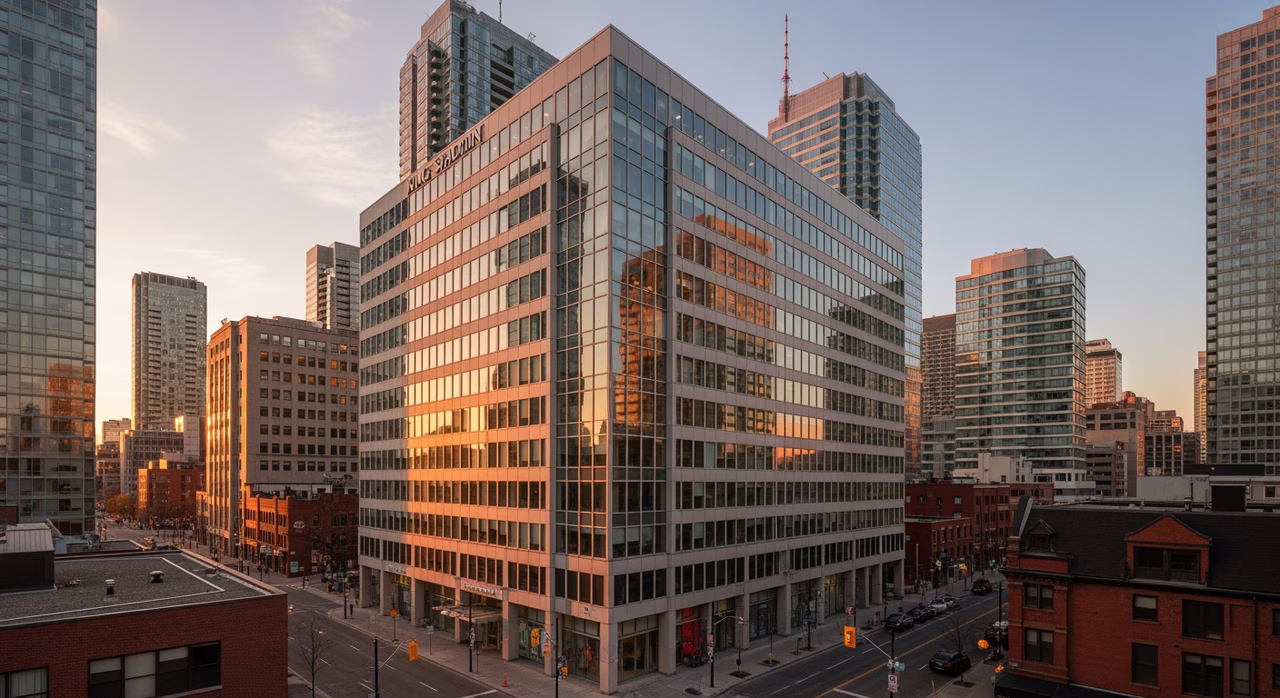 Toronto King-Spadina financial district mid-rise office at golden hour with glass curtain wall where institutional repaints run $2.50-$10 per sq ft and after-hours work adds 25-60% premium