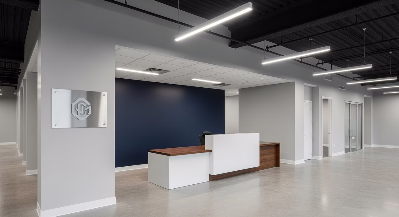 Completed Toronto luxury corporate office with neutral-grey eggshell walls, deep-navy accent behind reception, white linear pot-light ceiling, polished concrete flooring, exposed-deck black ceiling