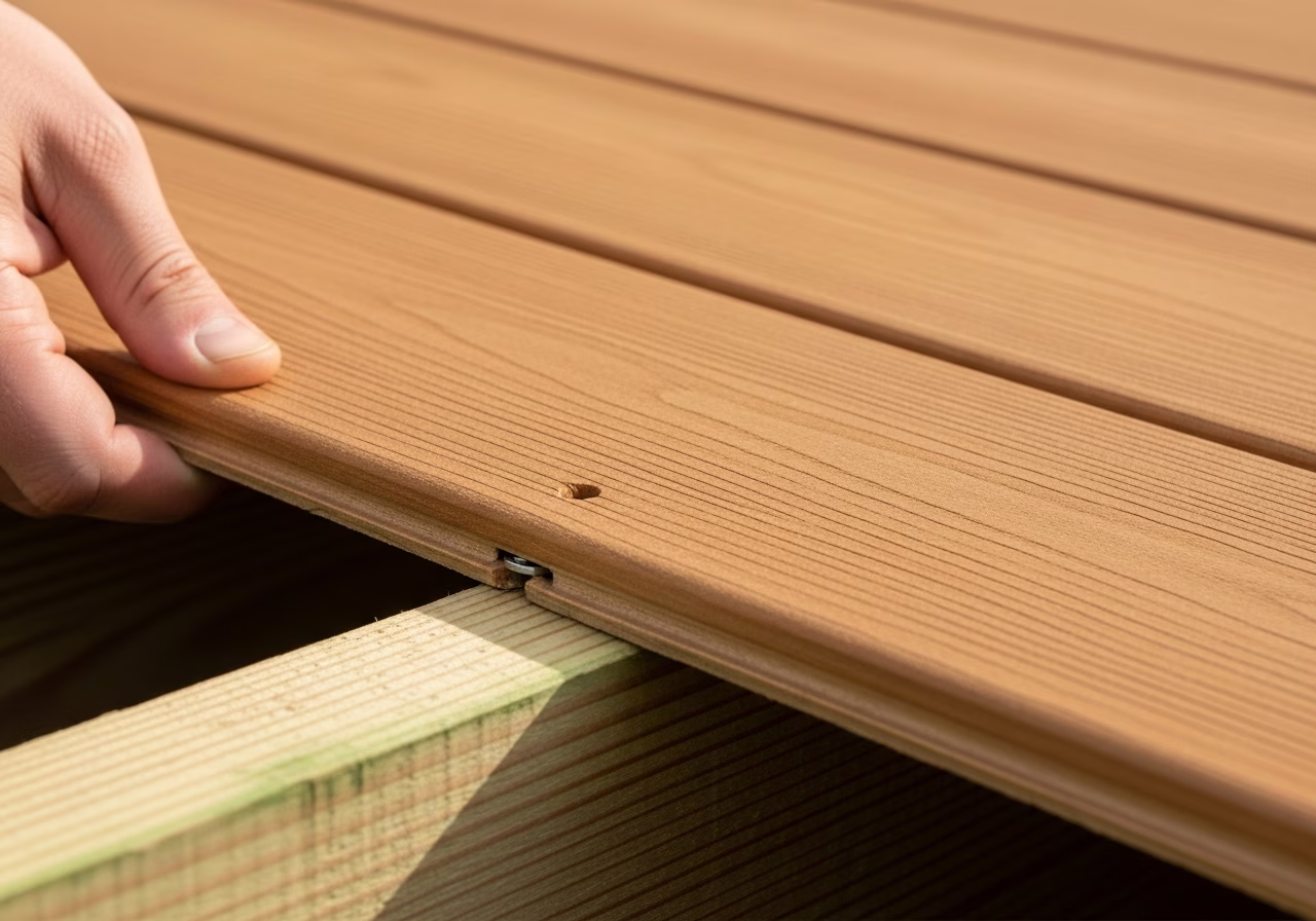 Laying Trex Transcend composite deck plank with hidden fastener system