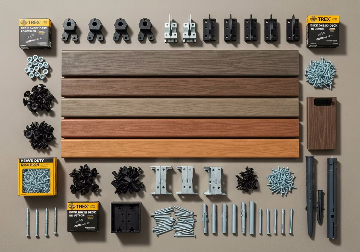 Composite deck materials — Trex planks, hidden fasteners, joist hangers, screws