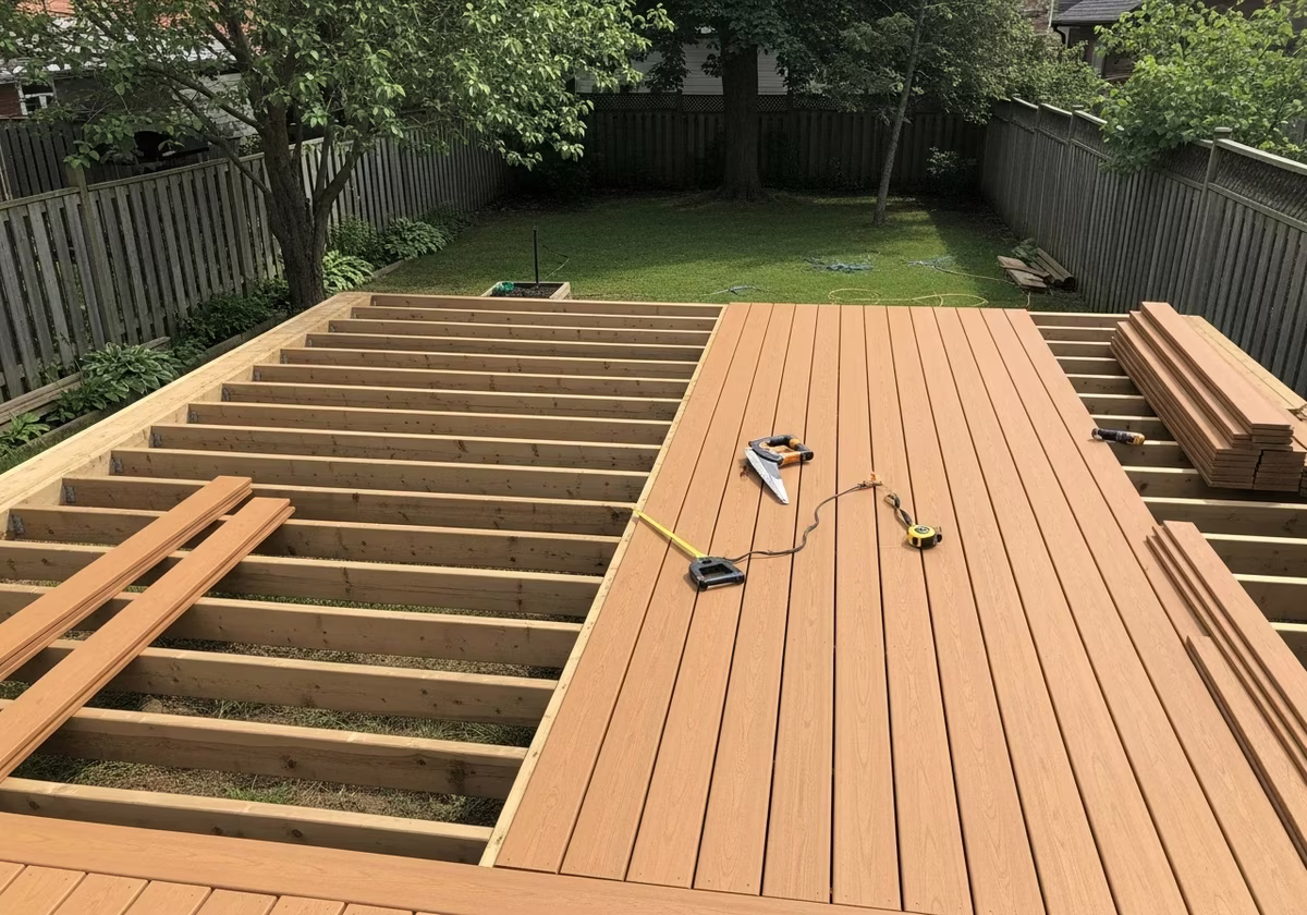 Toronto backyard composite deck mid-build — frame done, planks half-laid