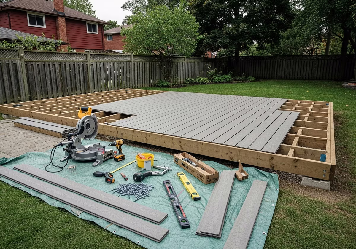 Tools and materials staged for composite decking installation project