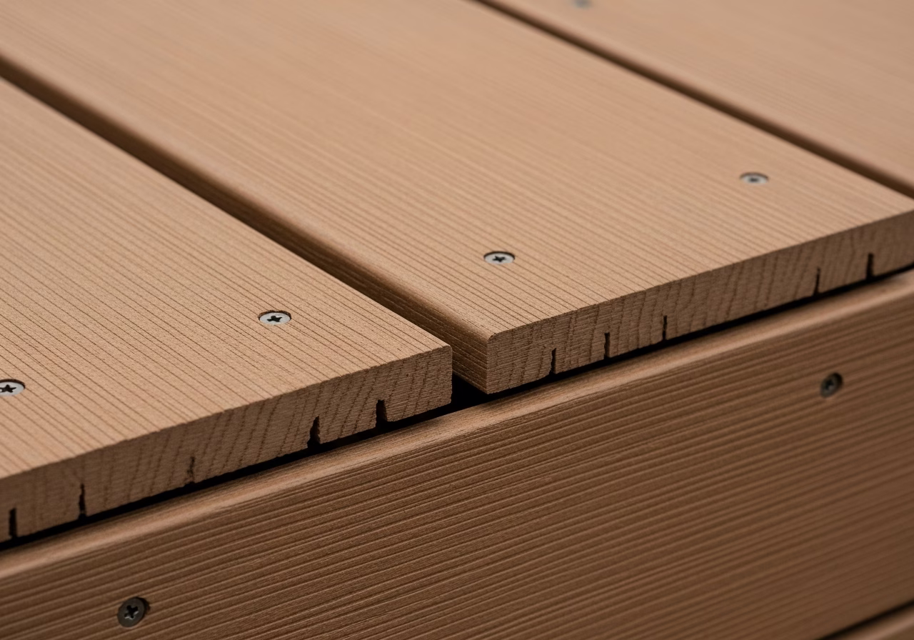 Close-up detail of professionally completed composite decking installation work