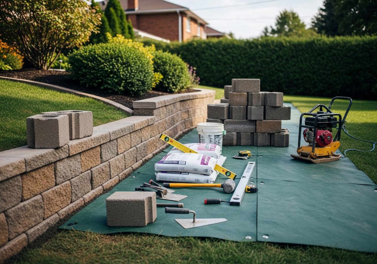 Retaining Wall Installation tools and materials staged in Toronto home