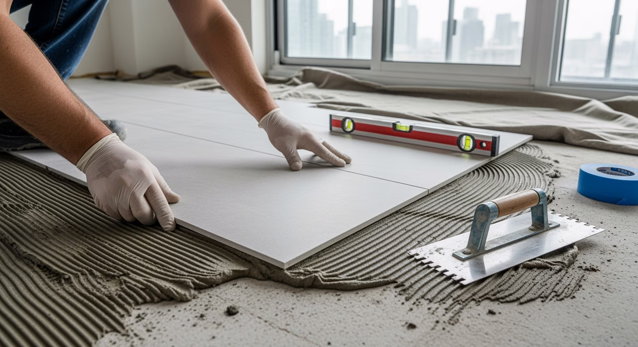 Licensed contractor installing porcelain large-format tile in Toronto downtown condo renovation