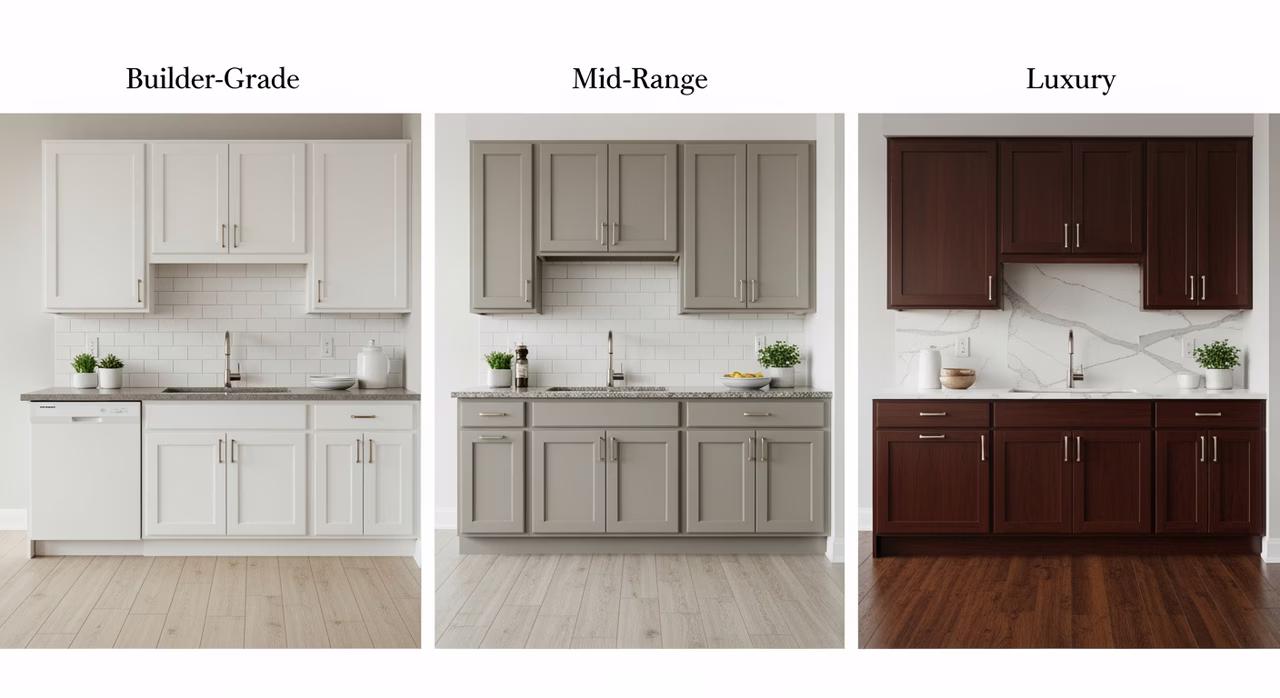 Three Toronto condo finish tiers compared: builder-grade, mid-range vinyl plank, luxury European cabinetry