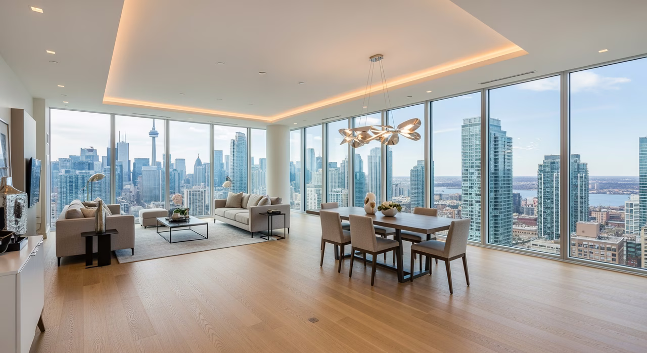 Completed luxury Yorkville condo renovation with floor-to-ceiling skyline view and oak hardwood