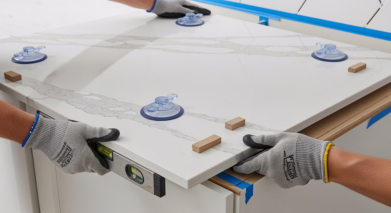 Toronto countertop fabricator gloved hands setting a Caesarstone Calacatta Nuvo quartz slab onto a kitchen base cabinet run with suction lift handles and mitered edge