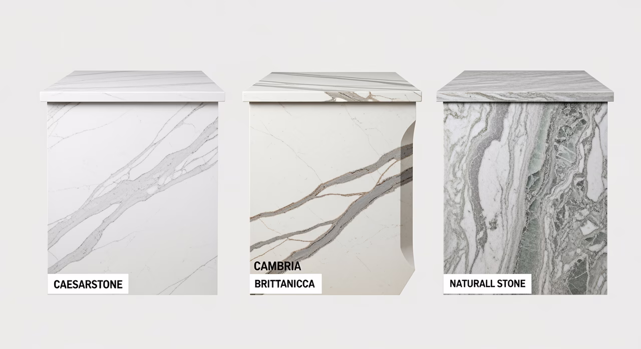Three Toronto countertop tiers compared: entry quartz with eased edge, premium Cambria Brittanicca with ogee edge, natural-stone quartzite with full waterfall edge