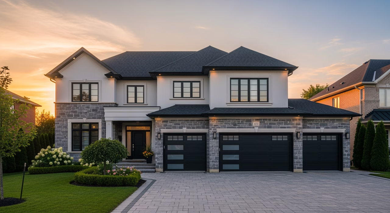 Vaughan detached suburban home with contemporary stucco-and-stone facade, three-car garage, manicured driveway and fresh black-frame windows