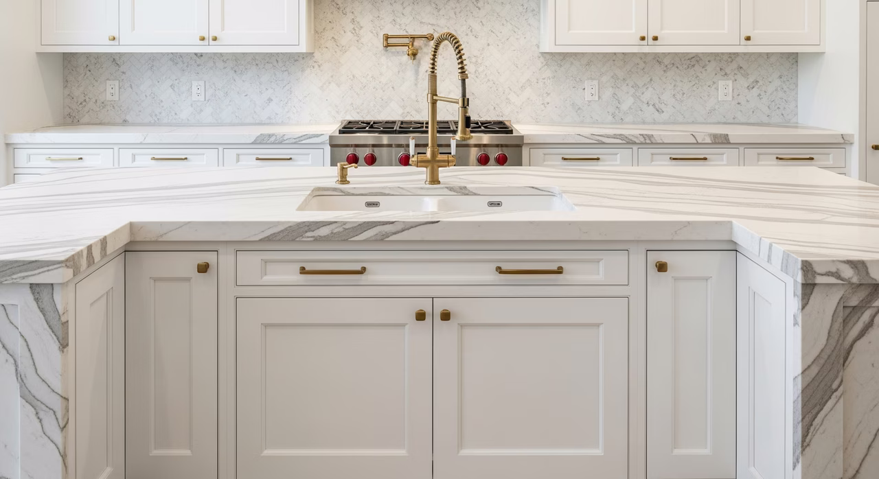 Completed Toronto kitchen with 12-foot waterfall quartzite island, mitered seams, white oak shaker cabinets, brass pull-down faucet over undermount fireclay sink