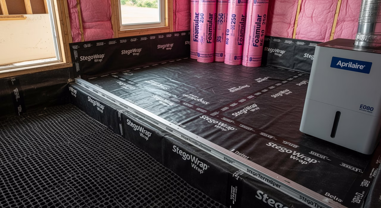 Toronto crawl space encapsulation in progress showing Stego Wrap 20-mil reinforced Class A PE vapour barrier being mechanically attached to perimeter foundation walls with Stego TermBar termination bar and Stego StegoTape 12-inch overlapped seams, Owens Corning Foamular 250 R-10 XPS rigid foam board staged for perimeter wall install, Aprilaire E080 dedicated dehumidifier in corner with Delta-MS dimpled HDPE drainage matt edge