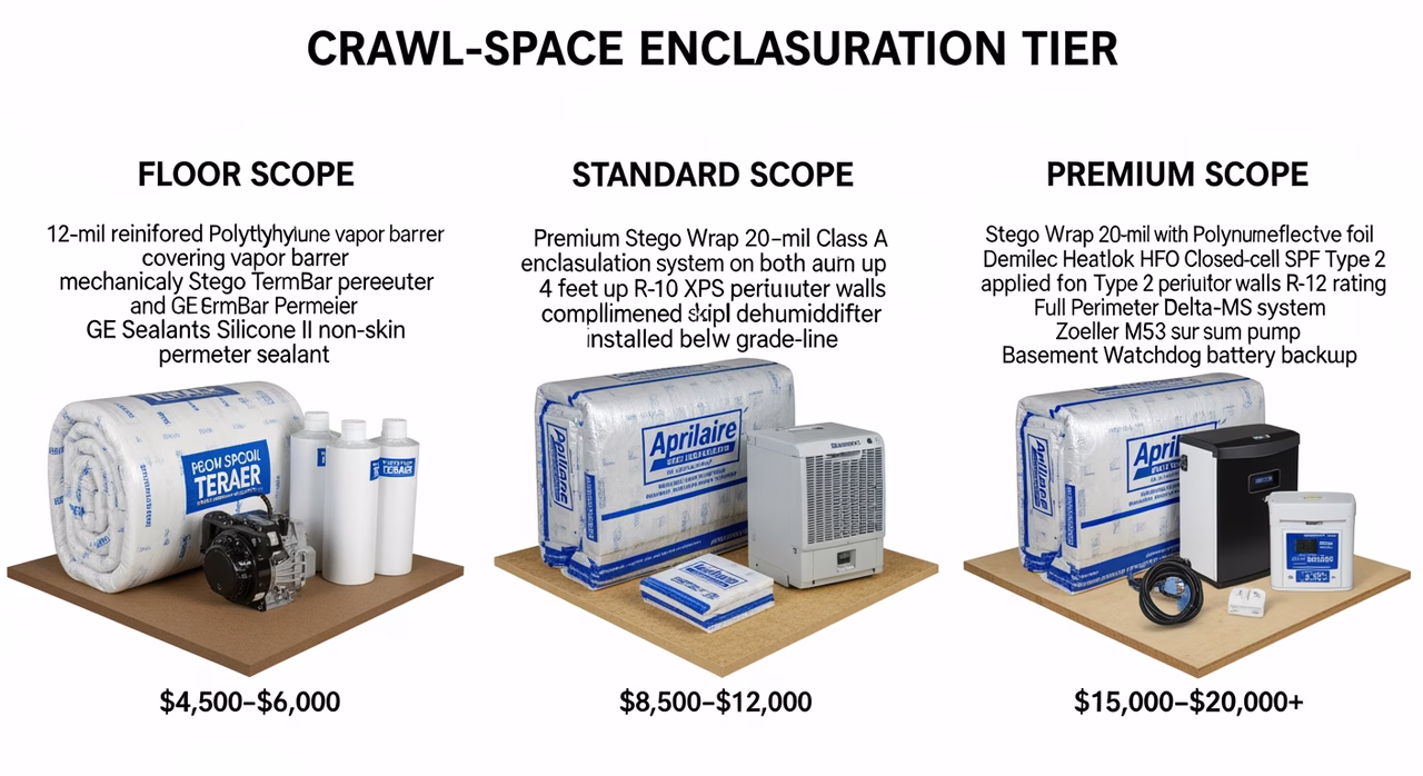 Three Toronto crawl-space encapsulation tier products compared: floor 12-mil reinforced PE vapour barrier with Stego TermBar perimeter at $4,500-$6,000, standard Stego Wrap 20-mil Class A full encapsulation with Owens Corning Foamular 250 R-10 XPS perimeter rigid foam and Aprilaire E080 dehumidifier and Delta-MS drainage matt at $8,500-$12,000 mid, premium Stego Wrap 20-mil with Polynum Pure reflective foil and Demilec Heatlok HFO closed-cell SPF Type 2 perimeter R-12 with Zoeller M53 sump pump and Santa Fe Ultra98H dehumidifier at $15,000-$20,000+