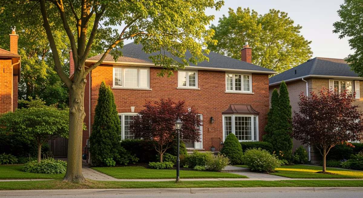 Toronto Mississauga 1990s detached two-storey home red brick mature landscaping on family street at golden hour where pre-2000 dirt-floor crawl space exhibits chronic 80-95 percent relative humidity per Toronto/GTA high water table requiring Stego 20-mil full encapsulation plus Santa Fe Compact70 dedicated dehumidifier with target under 55 percent year-round protecting against Stachybotrys chartarum mould per IICRC S520