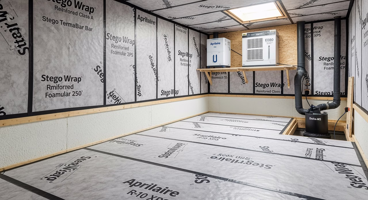 Completed Toronto Mississauga crawl space after encapsulation showing Stego Wrap 20-mil reinforced Class A vapour barrier seamlessly covering floor and 4-foot perimeter walls with all seams 12-inch overlapped and Stego StegoTape sealed, Stego TermBar termination bar at top of wall coverage, Owens Corning Foamular 250 R-10 XPS rigid foam below grade-line, fresh Aprilaire E080 dehumidifier with condensate line and Delta-MS drainage matt at corner sump