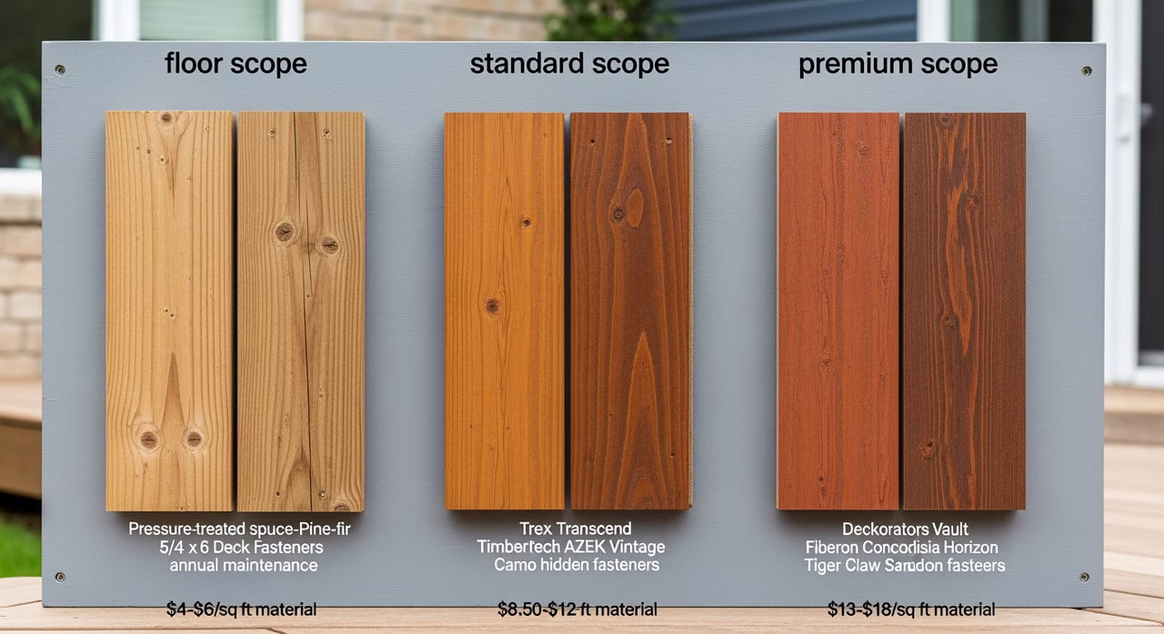 Three Toronto deck-boards tiers compared: floor pressure-treated 5/4 x 6 SPF replacement on existing substructure with HDG deck screws at $14-$18/sq ft, standard Trex Enhance or Fiberon Sanctuary composite with hidden deck-clip and picture-frame perimeter at $18-$26/sq ft, premium TimberTech AZEK Vintage capped-PVC or Trex Lineage with integrated LED stair-light at $26-$38/sq ft