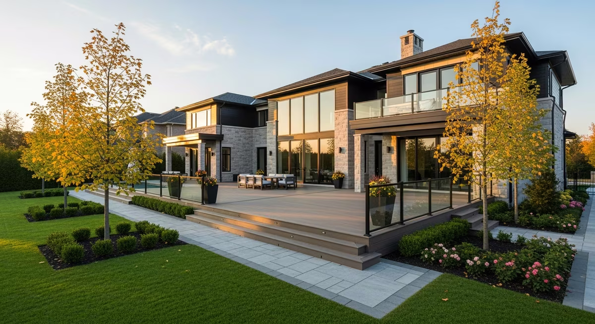 Toronto Vaughan 2000s detached two-storey home with rear-yard deck-boards upgrade from pressure-treated to TimberTech AZEK Vintage capped-PVC on family street at golden hour where premium PVC upgrade commonly runs $8,400-$12,200+ on 320-480 sq ft existing substructure