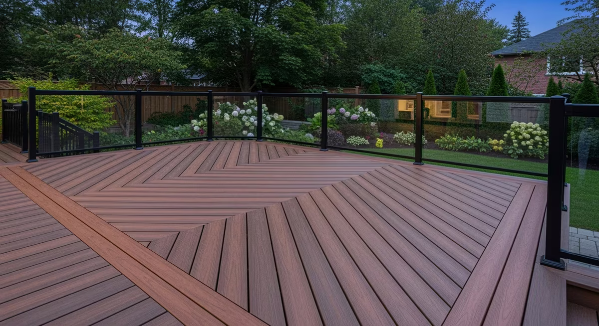 Completed Toronto rear deck with newly-installed TimberTech AZEK Vintage capped-PVC deck boards in tropical-hardwood Mahogany finish, picture-frame perimeter with mitered corners, color-matched fascia capping, hidden CONCEALoc fastener system, breaker board at stair transition