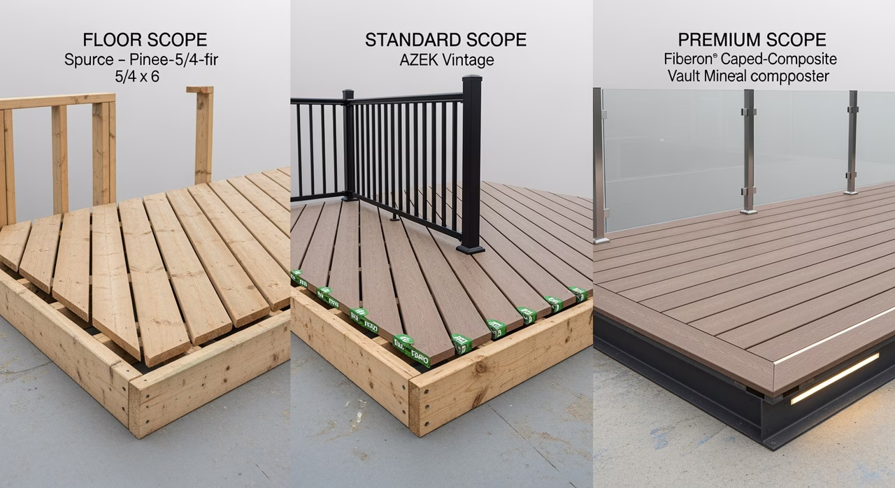 Three Toronto deck-building tiers compared: floor pressure-treated SPF lumber on 2x10 joists at 16-inch OC over sonotube footings at $75-$110/sq ft, standard Trex Enhance or Fiberon Sanctuary composite with hidden deck-clip and aluminum railing at $110-$155/sq ft, premium TimberTech AZEK Vintage capped-PVC with Fortress Evolution steel substructure and integrated LED at $155-$215/sq ft
