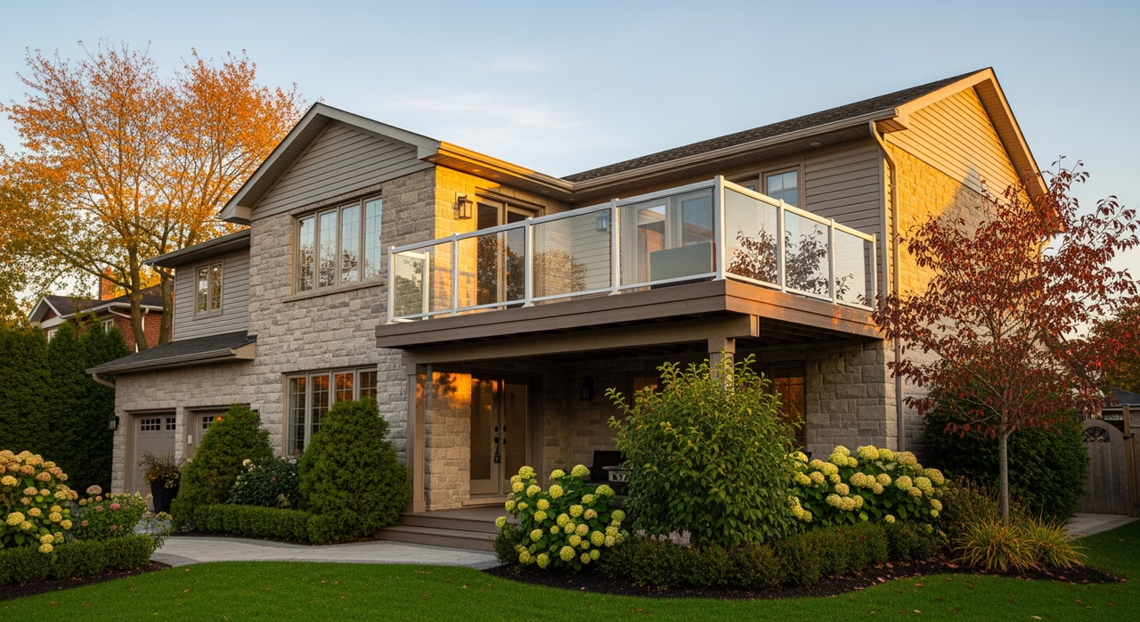 Toronto Vaughan 2010s detached two-storey luxury home with manicured landscaping at golden hour where premium TimberTech AZEK Vintage rear-deck with integrated pergola and outdoor kitchen rough-in commonly runs $58,000-$95,000+ on Italian-Canadian luxury build