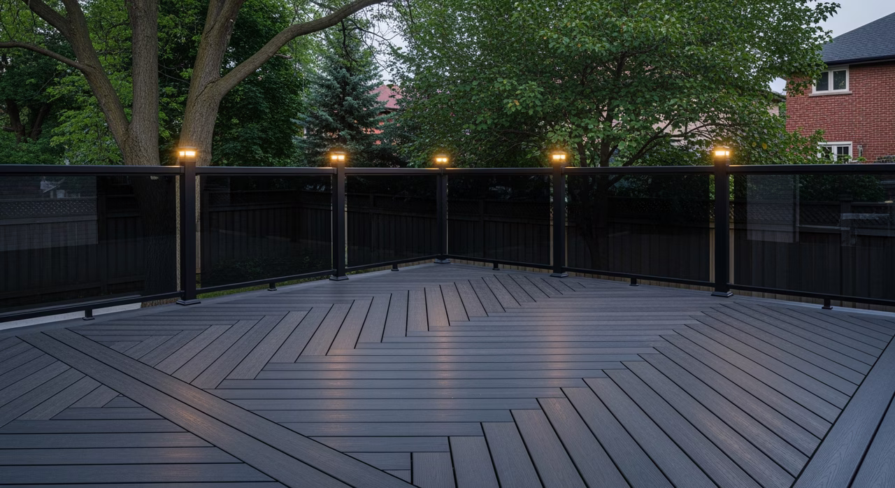 Completed Toronto rear deck with newly-installed TimberTech AZEK Vintage capped-PVC decking in tropical-hardwood-tone Mahogany finish, picture-frame perimeter with mitered corners, Westbury Aluminum Vertical-Cable railing system, integrated LED under-rail lighting at dusk
