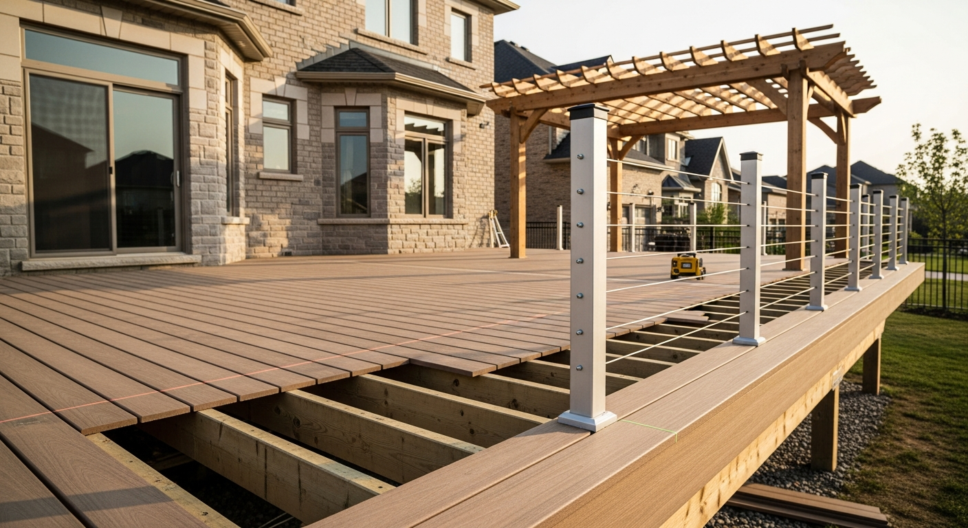On-site deck building & construction install detail at a Aurora property