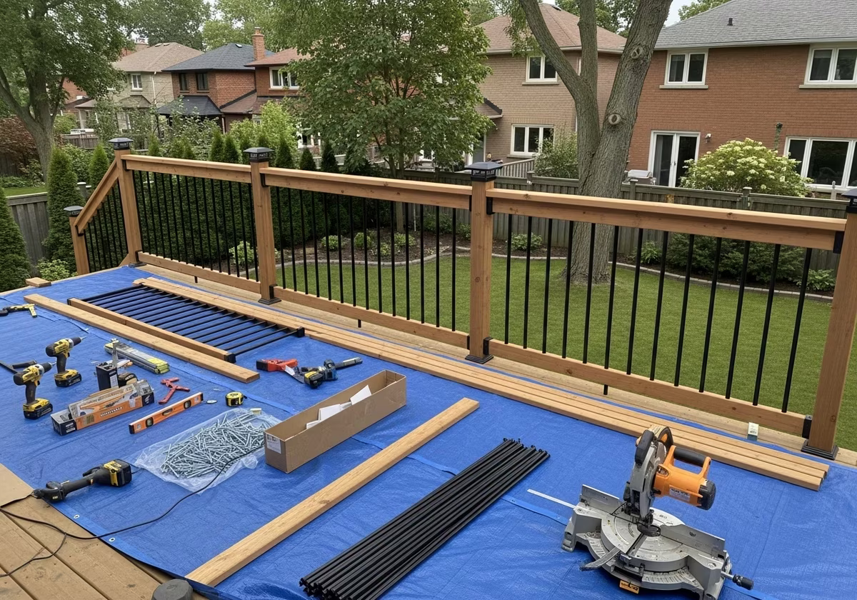 Tools and materials staged for deck railing installation project