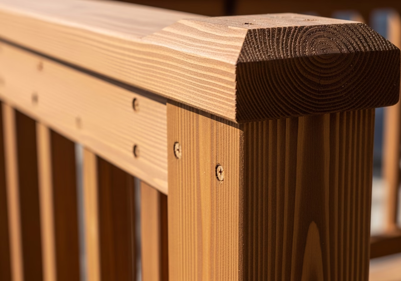 Close-up detail of professionally completed deck railing installation work