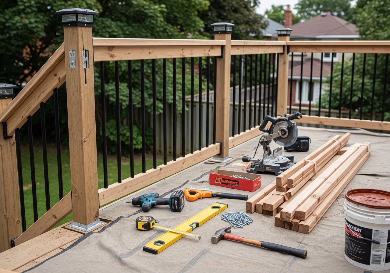 Deck Railing Replacement in progress: tools, materials, and protective floor covering staged for a Toronto exterior work