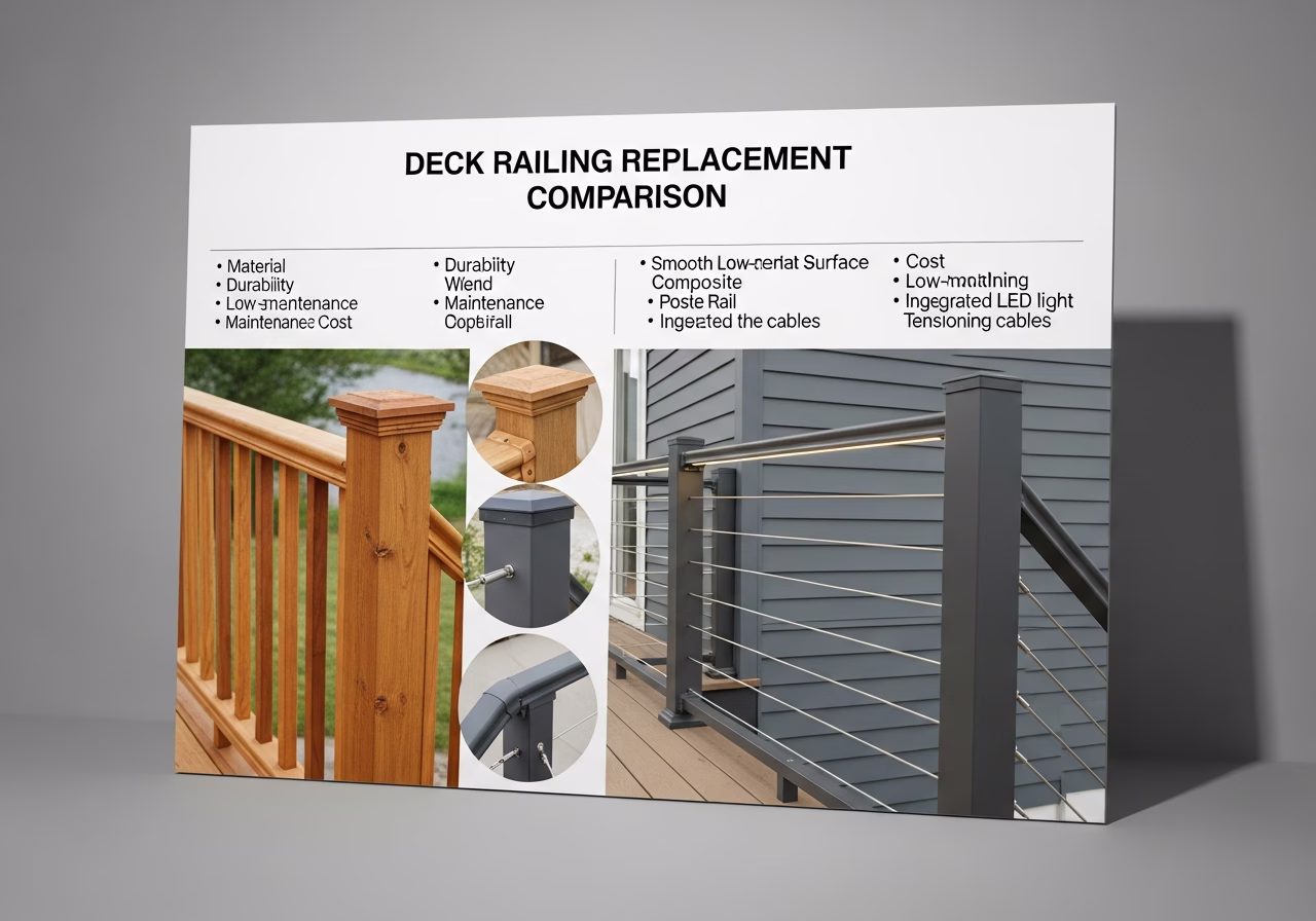 Side-by-side product and material comparison for deck railing replacement — typical brands and finishes used in Toronto exter