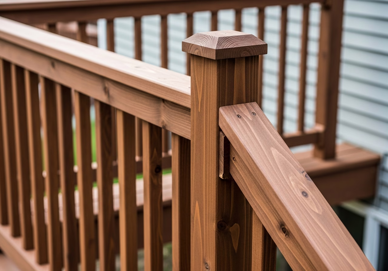 Close-up detail of professionally completed deck railing replacement showing craftsmanship and finish quality