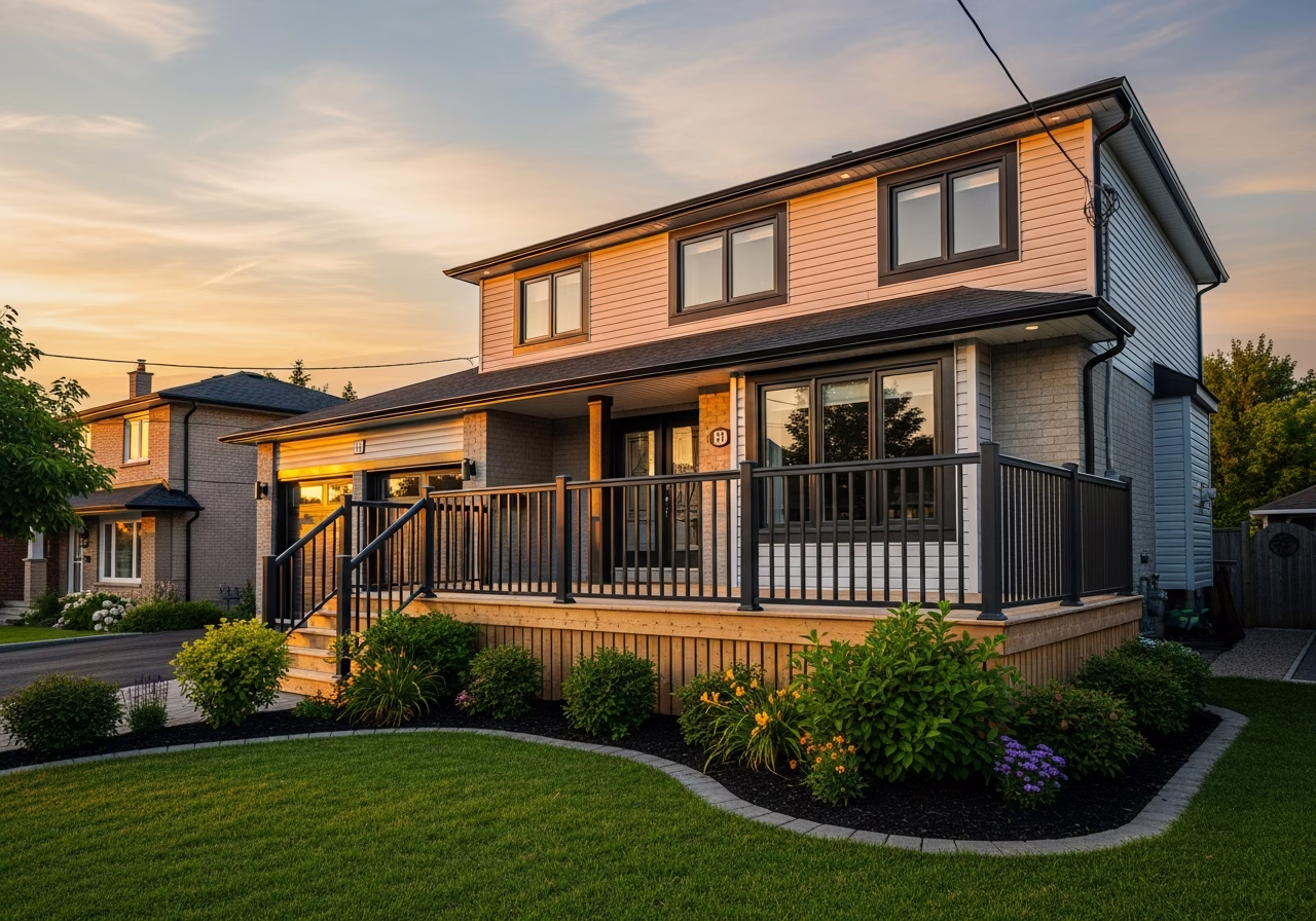 Finished deck railing replacement result in a Toronto/GTA home, photographed in natural light