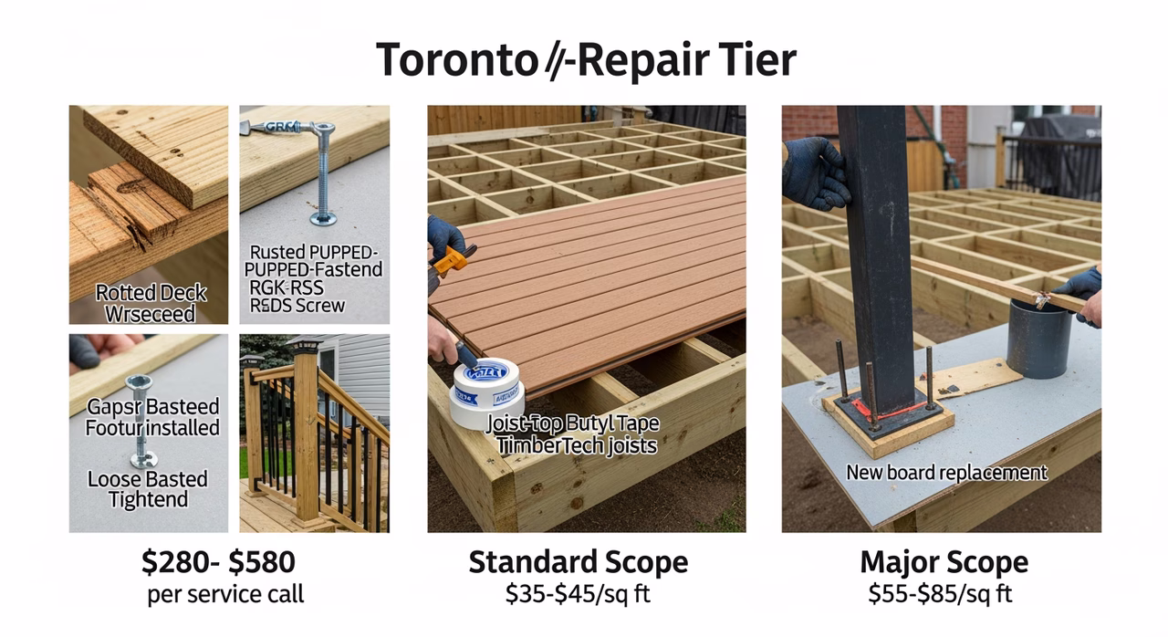 Three Toronto deck-repair tiers compared: minor scope single-board replacement plus loose-screw tightening at $480-$880, standard scope 30-50% board replacement plus ledger re-flash with Grace Vycor Deck and railing tightening at $1,200-$2,400, major scope full deck-board replacement on existing substructure plus partial sister-joist reinforcement at $2,800-$4,800