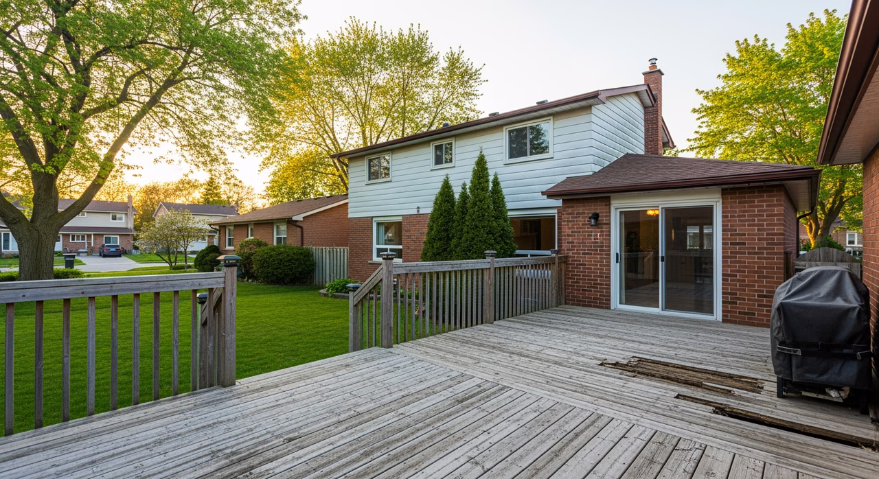 Toronto Mississauga 1990s detached two-storey home with rear pressure-treated deck at 30-year service mark, mature maple trees on family street at golden hour where mid-life deck repair scopes include rotted board replacement plus ledger re-flashing plus rail post re-anchoring with Titan Post Anchor