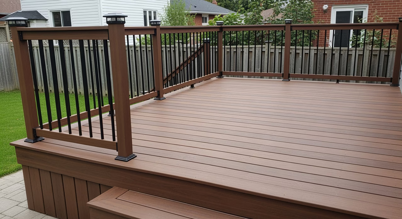 Completed Toronto pressure-treated deck after partial repair showing newly-replaced 5/4 x 6 deck boards in lighter fresh PT tone next to aged stained existing boards, properly tightened railing posts with new HDG fasteners, fresh Cabot Premium semi-transparent stain on repaired sections