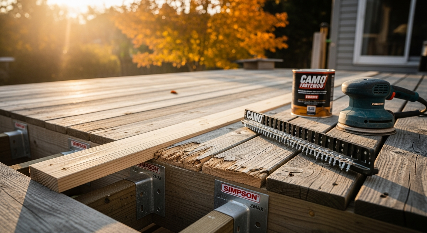 Detail view of a deck repair & restoration job finished in Aurora — expert craftsmanship
