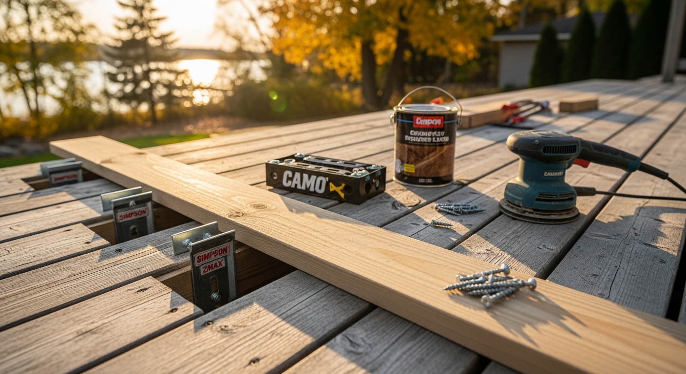 Close-up of professional deck repair & restoration work delivered in Georgina