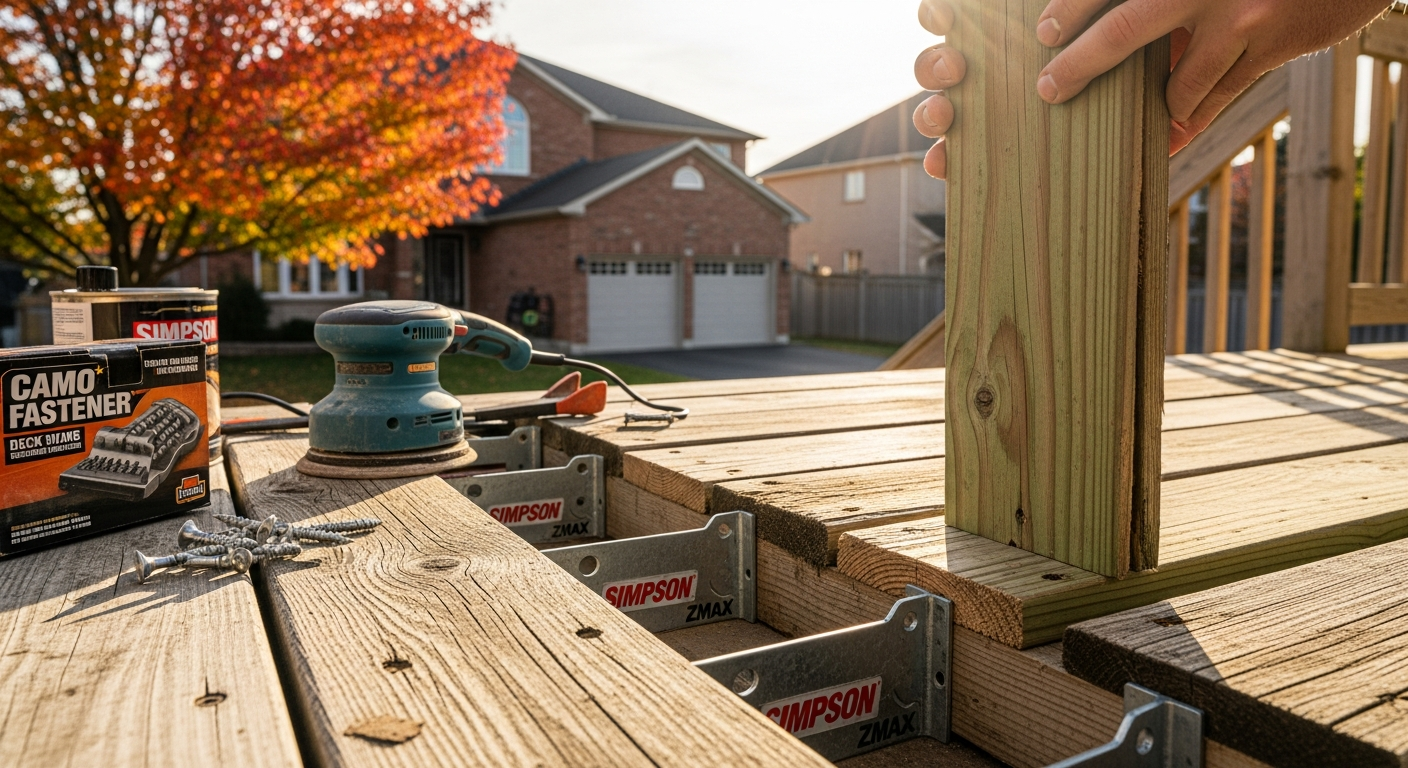 Detail view of a deck repair & restoration job finished in Newmarket — expert craftsmanship