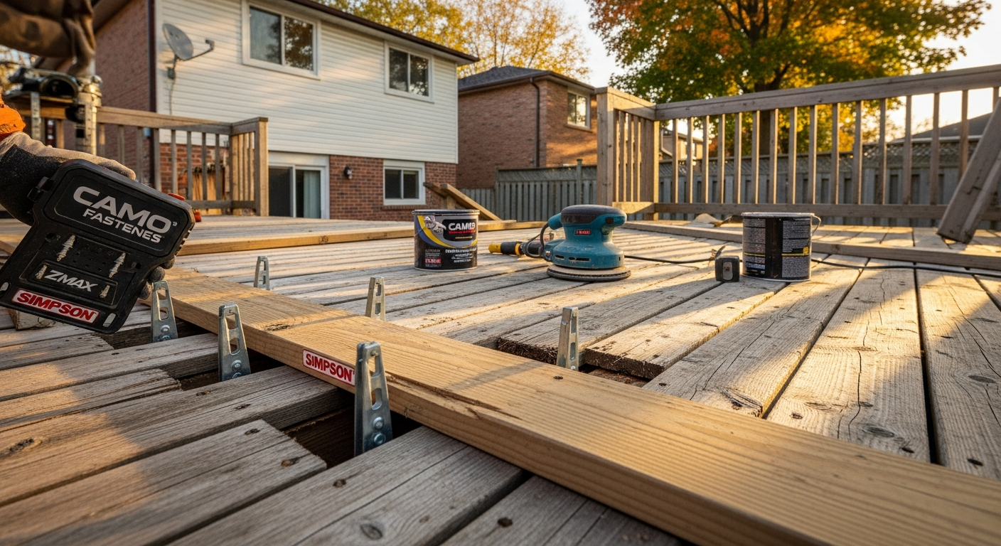 Detail view of a deck repair & restoration job finished in Pickering — expert craftsmanship