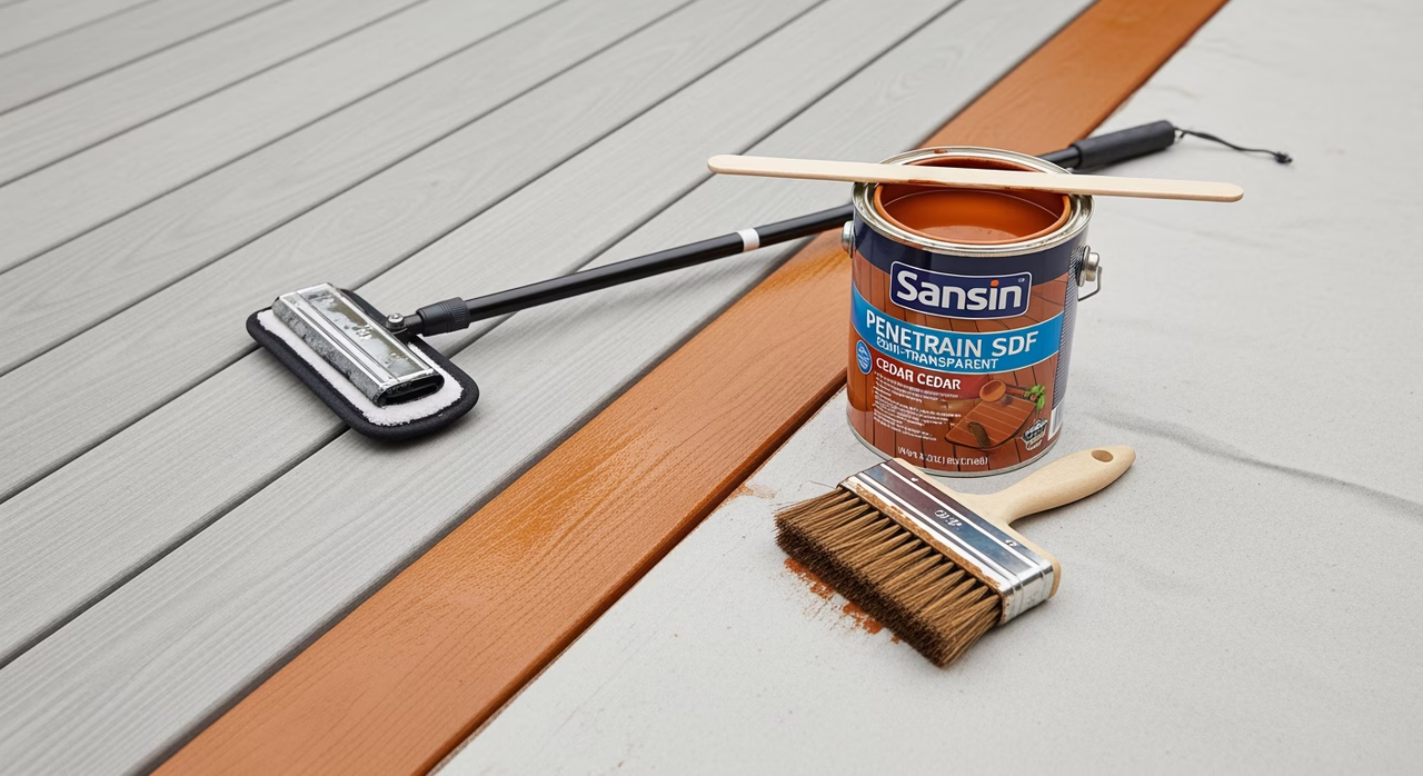 Toronto deck-staining specialist applying second coat of Cabot Premium semi-transparent oil-based stain in Cedar Natural tone to existing pressure-treated deck with 4-inch synthetic-bristle brush in brush-and-back-brush technique, end-grains pre-saturated, ambient temperature in optimal 15-25°C range, no direct sun on deck surface