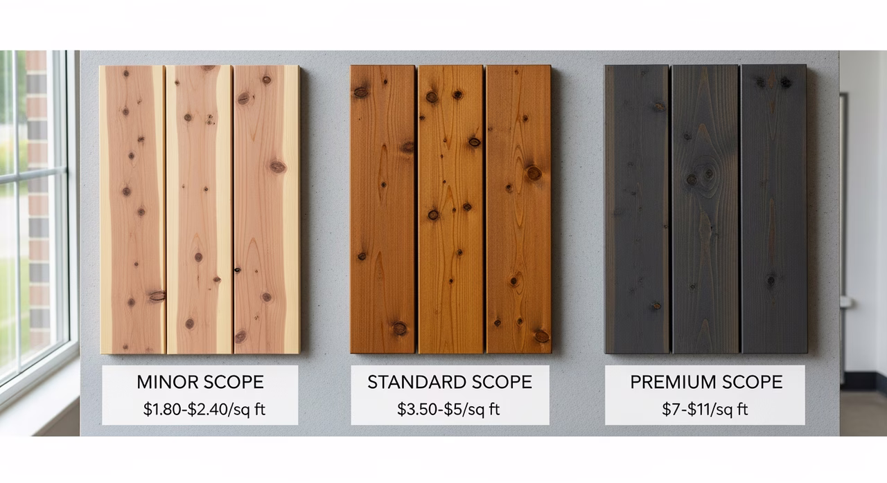 Three Toronto deck-staining tiers compared: floor scope pressure-wash plus single-coat semi-transparent stain at $0.95-$1.40/sq ft, standard cleaner-brightener two-step plus two-coat premium semi-transparent at $1.40-$2.00/sq ft, premium scope stain stripping plus full sanding plus two-coat premium oil at $2.00-$2.80/sq ft