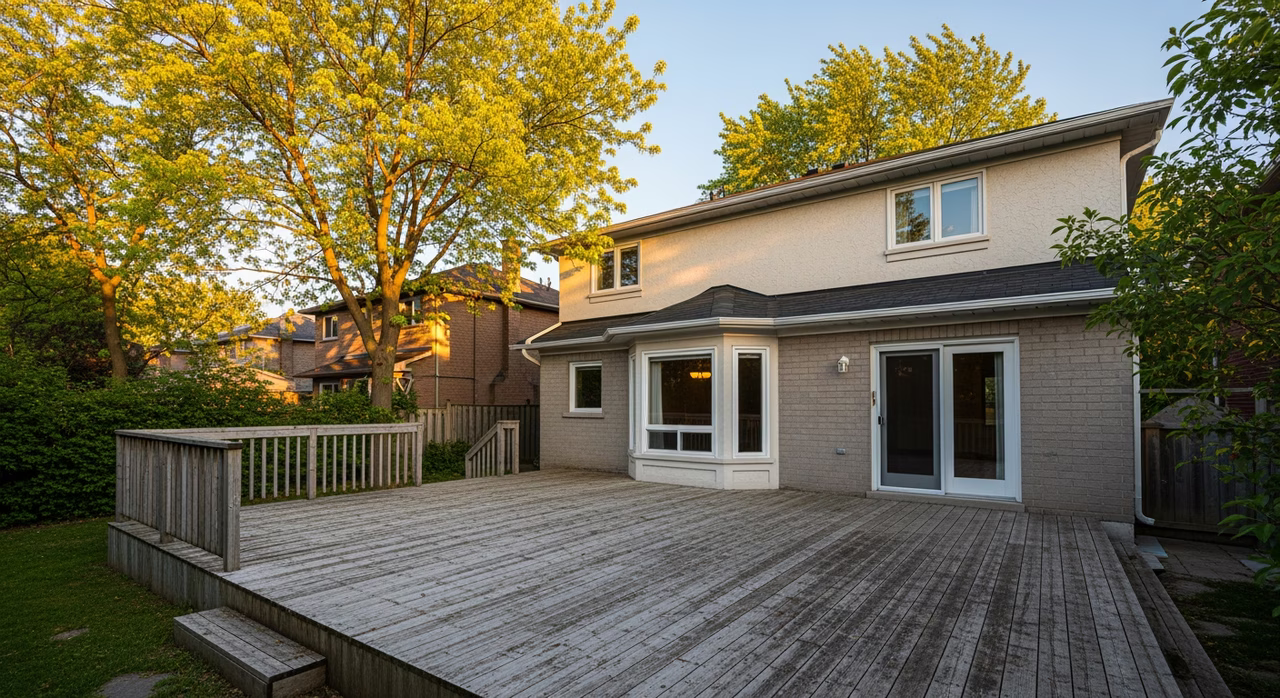 Toronto Markham 2000s detached two-storey home with rear-yard pressure-treated deck on family street with mature 25-35 year tree canopy at golden hour where bi-annual stain refresh extends deck service life by 8-15 years over unstained-and-neglected stock