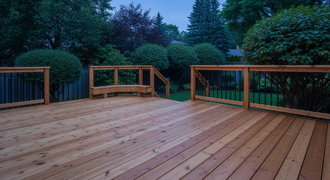 Completed Toronto rear deck after Cabot Premium semi-transparent stain application showing rich Cedar Natural tone with grain pattern fully visible, even saturation across all boards, no lap marks or pooling, fresh oil sheen on end-grains and crown corners