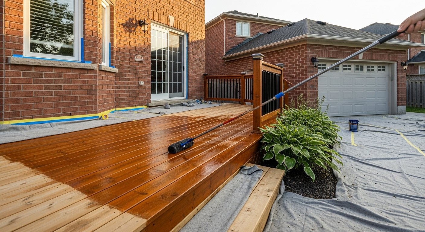 Completed deck staining & finishing work showcasing finishing details in Clarington