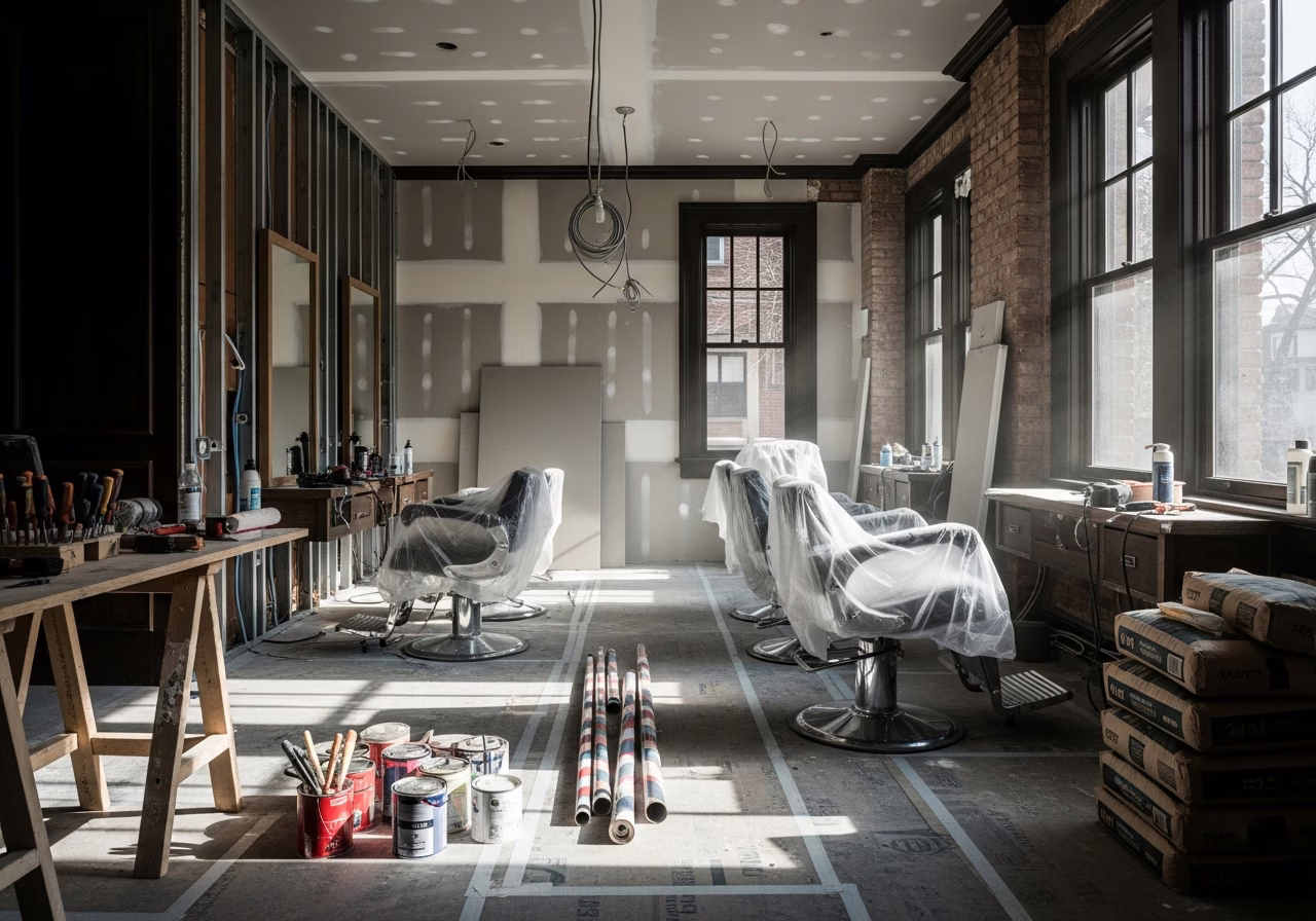Barbershop & Salon Buildout tools and materials staged in Toronto home