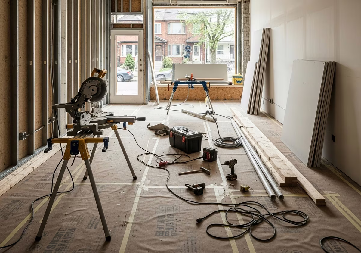 Retail Store Buildout tools and materials staged in Toronto home