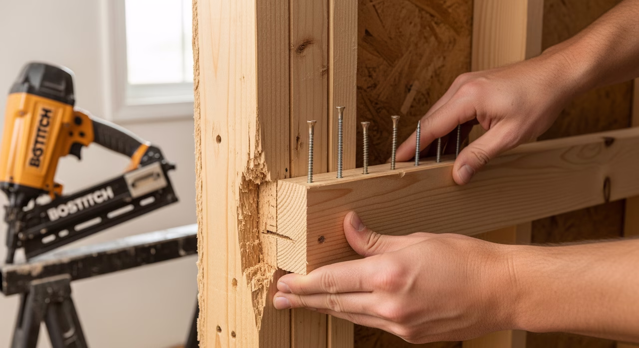 Toronto door-frame-repair carpenter sister-stud splicing 24-inch length of new 2-by-4 SPF stud next to rotted section of jamb-jack-stud on 1980s exterior-door frame, predrilled #8 3-inch wood screws driven through new stud into sound framing above and below rot section