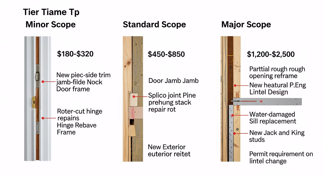 Three Toronto door-frame-repair tiers compared: minor scope jamb-side trim Bondo wood-filler hinge-rebate at $180-$320, standard full jamb replacement single sister-stud splice for rot threshold replacement at $450-$850, major scope full rough-opening reframe with header replacement and structural P.Eng stamp full water-damaged sill plate replacement at $1,200-$2,500