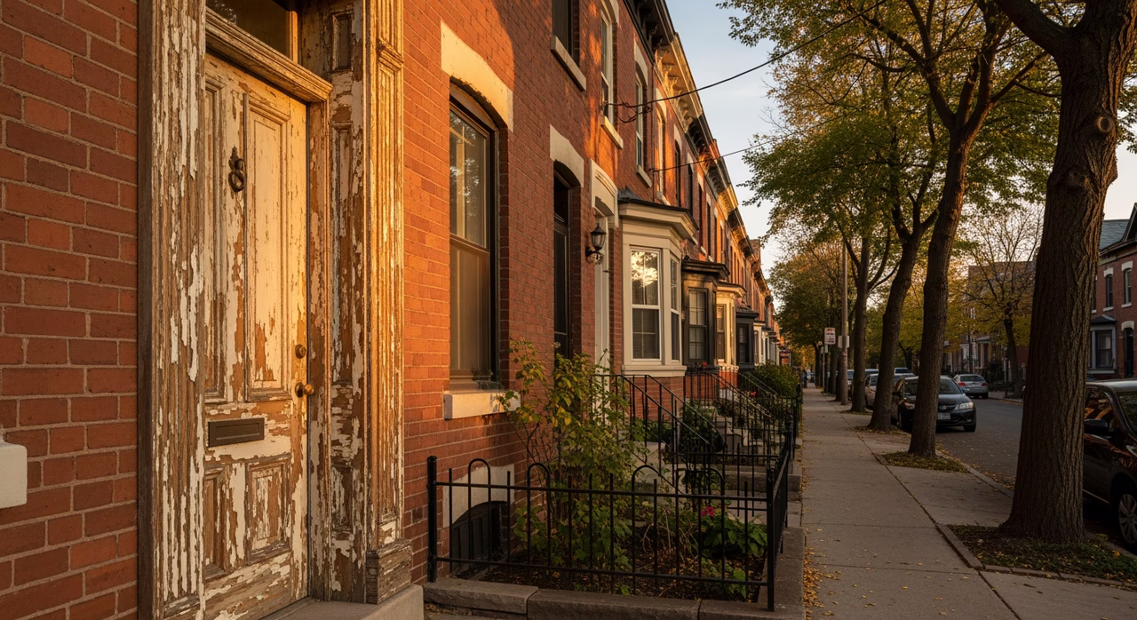 Toronto Cabbagetown pre-war row-house with original wood door frame and mature trees on heritage street at golden hour where pre-1978 frame-repair scopes commonly trigger Federal Reg 90/2024 RRP lead-paint rule and Toronto Heritage Permit on visible exterior change