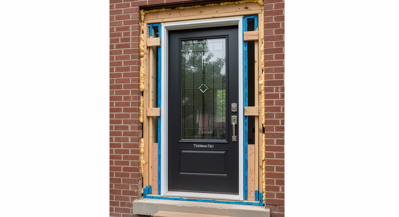 Completed Toronto entry-door installation showing freshly sister-stud-repaired rough opening with sound new framing visible at sill and jacks, new Therma-Tru fibreglass entry door set plumb and square with cedar shims and low-expansion foam, custom brick-mould casing